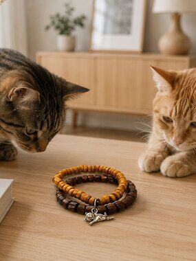 Handmade Wooden Beads Cat Charm Stretch Bracelets Set NWT Boho Natural Jewelry
